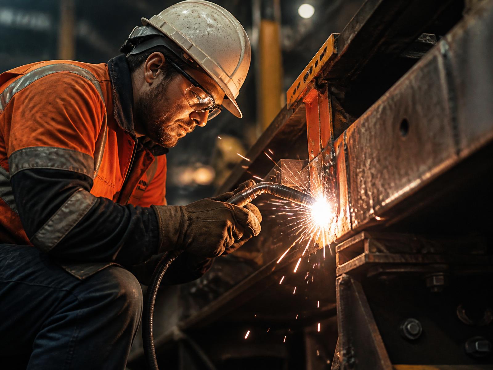 Mining engineer welding a conveyor frame